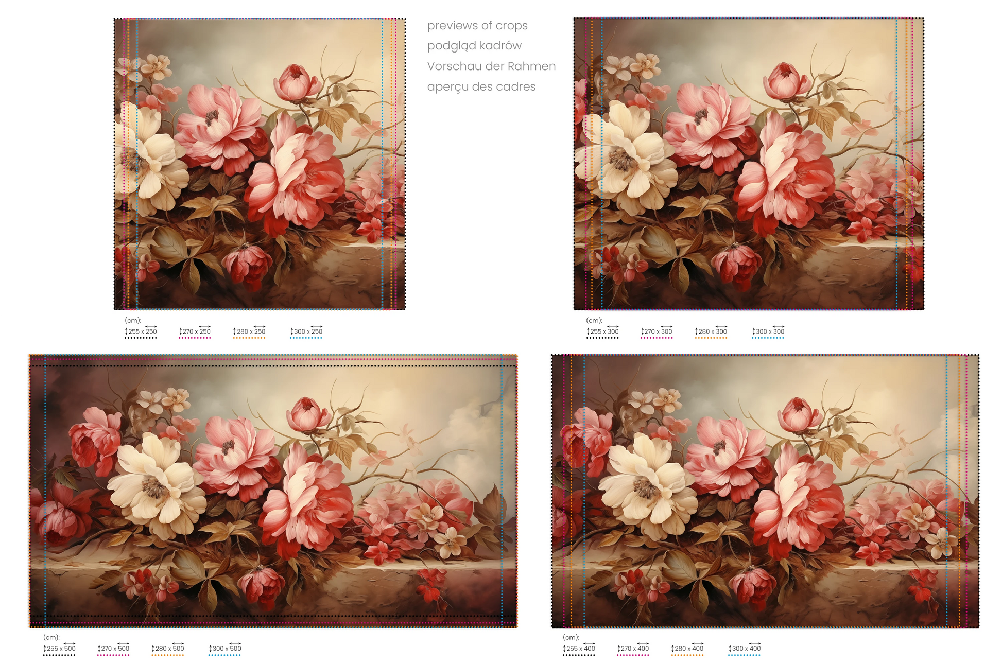 Na obrazie znajduje się prezentacja przykładowych rozmiarów fototapety o nazwie Warm Floral Embrace. Rozmiar fototapety jest dowolny.