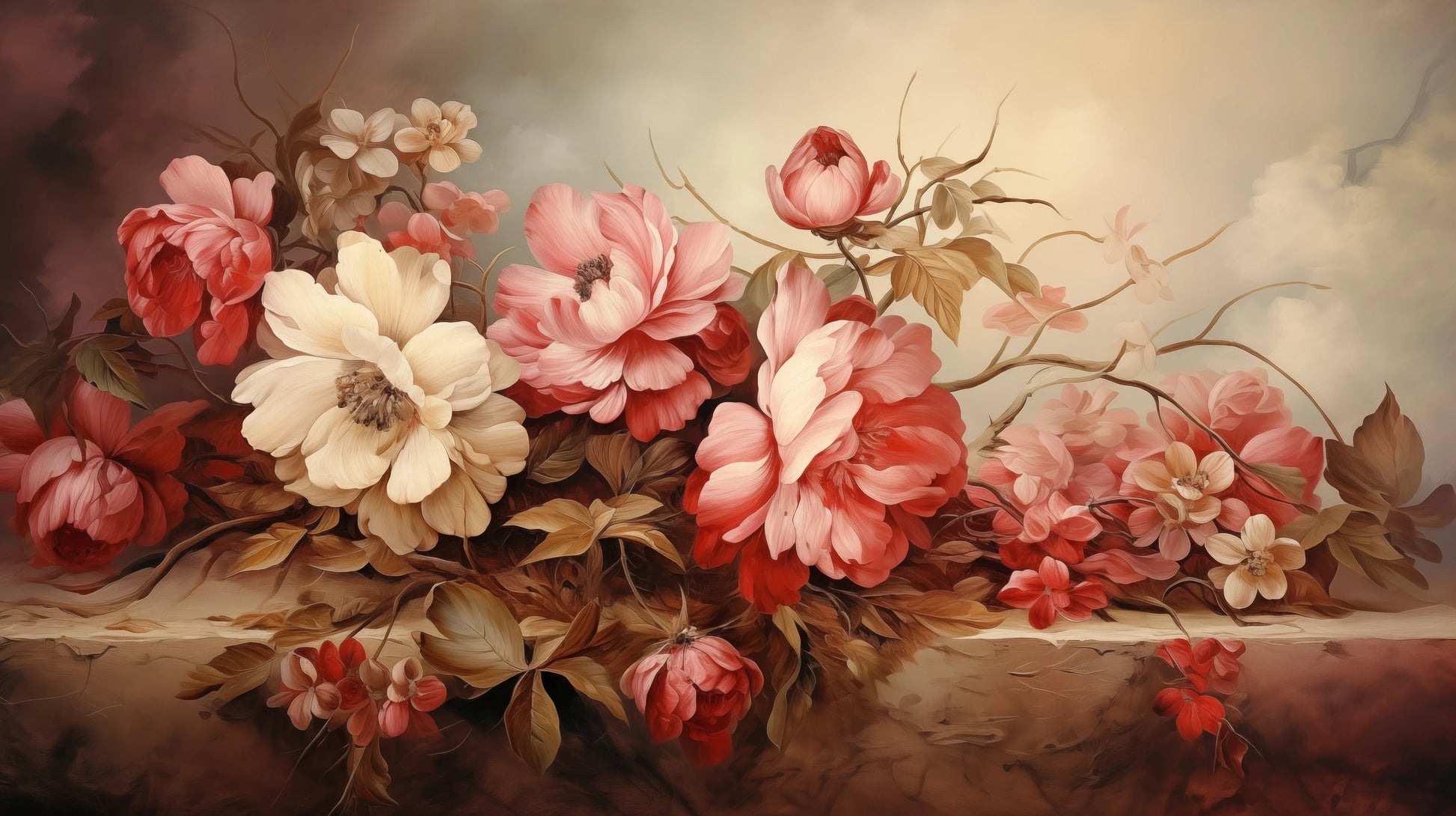 Prezentacja całego wzoru fototapety o nazwie Warm Floral Embrace