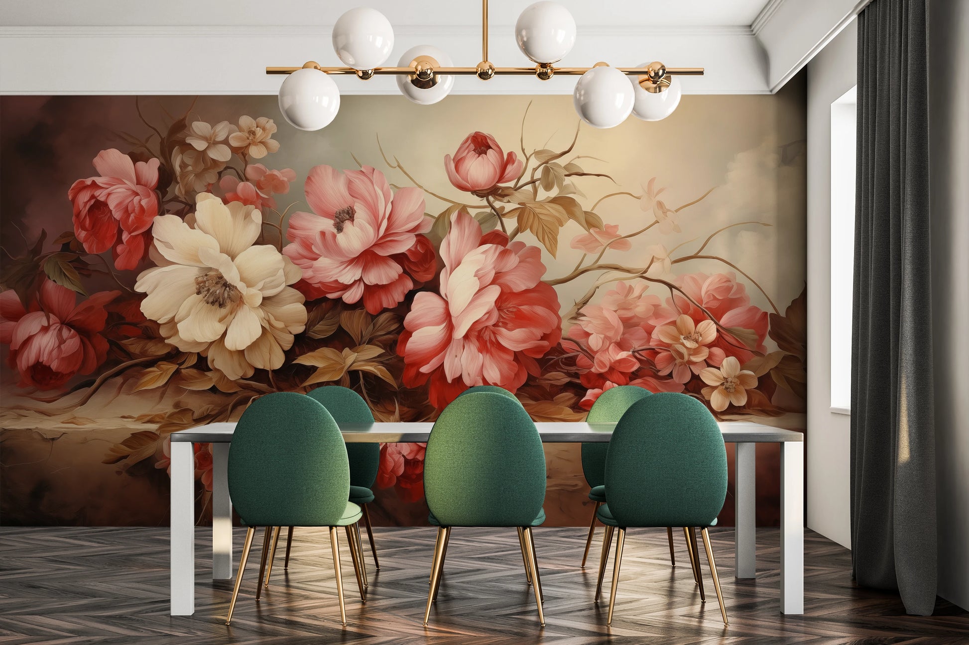 Fototapeta artystyczna o nazwie Warm Floral Embrace pokazana w aranżacji wnętrza.