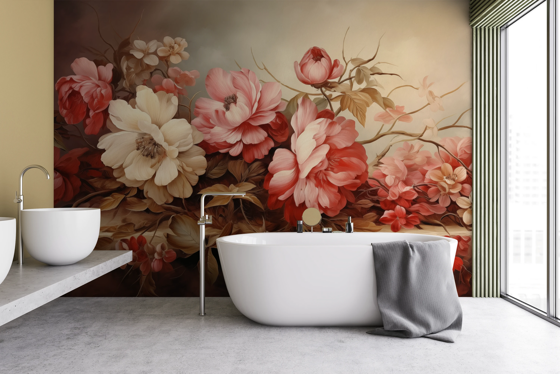 Wzór fototapety o nazwie Warm Floral Embrace pokazanej w kontekście pomieszczenia.