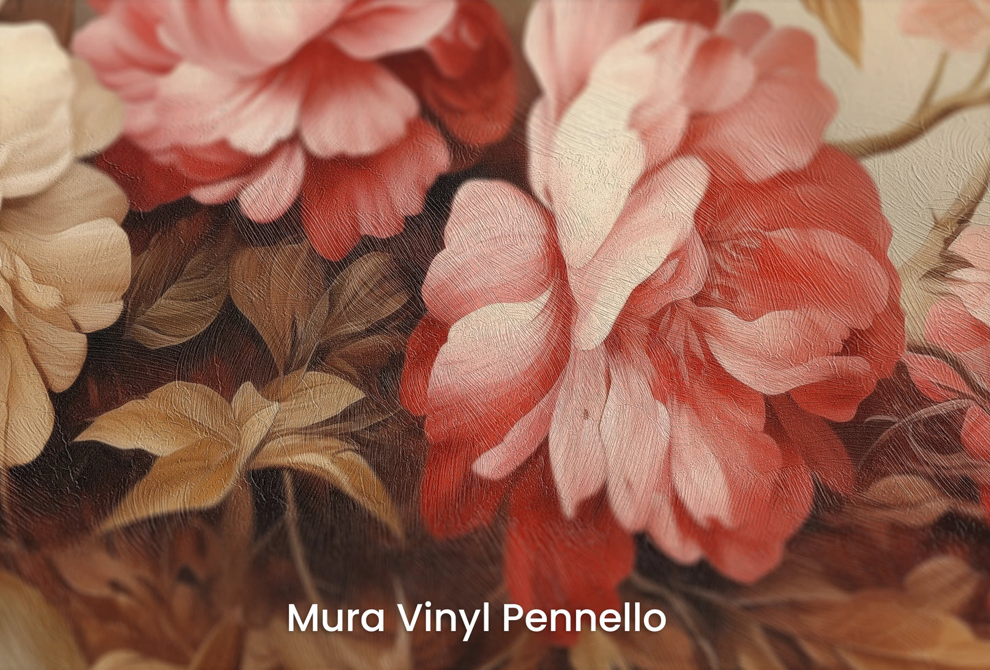 Zbliżenie na artystyczną fototapetę o nazwie Warm Floral Embrace na podłożu Mura Vinyl Pennello - faktura pociągnięć pędzla malarskiego.