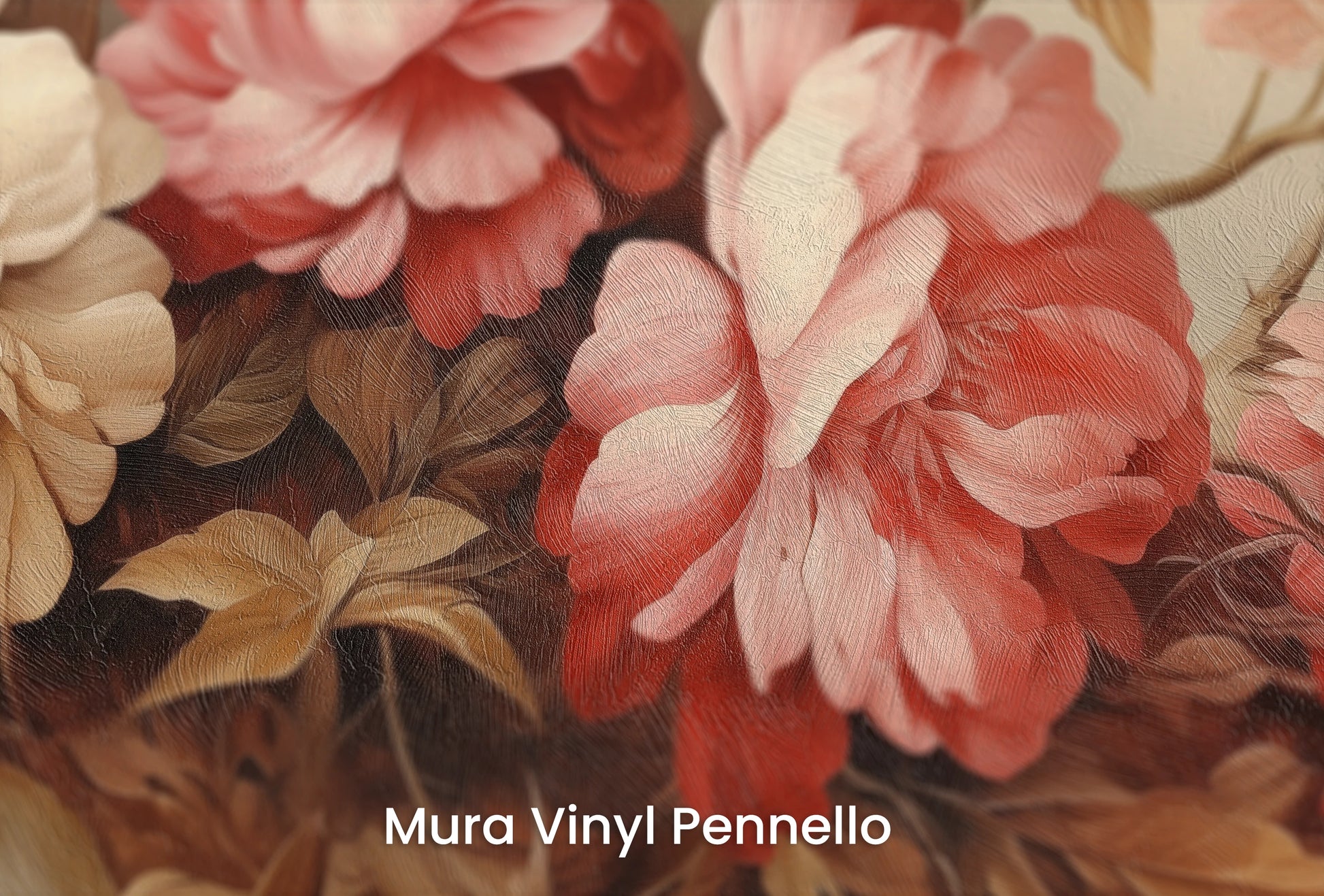 Zbliżenie na artystyczną fototapetę o nazwie Warm Floral Embrace na podłożu Mura Vinyl Pennello - faktura pociągnięć pędzla malarskiego.