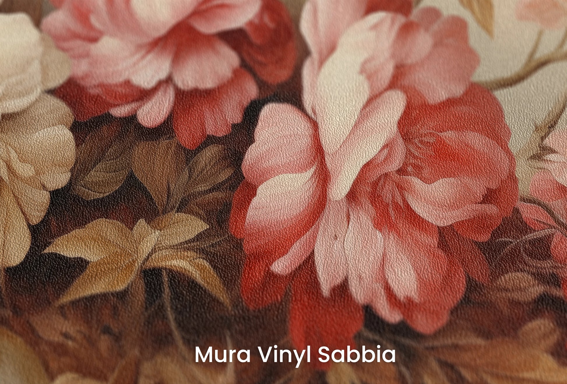 Zbliżenie na artystyczną fototapetę o nazwie Warm Floral Embrace na podłożu Mura Vinyl Sabbia struktura grubego ziarna piasku.