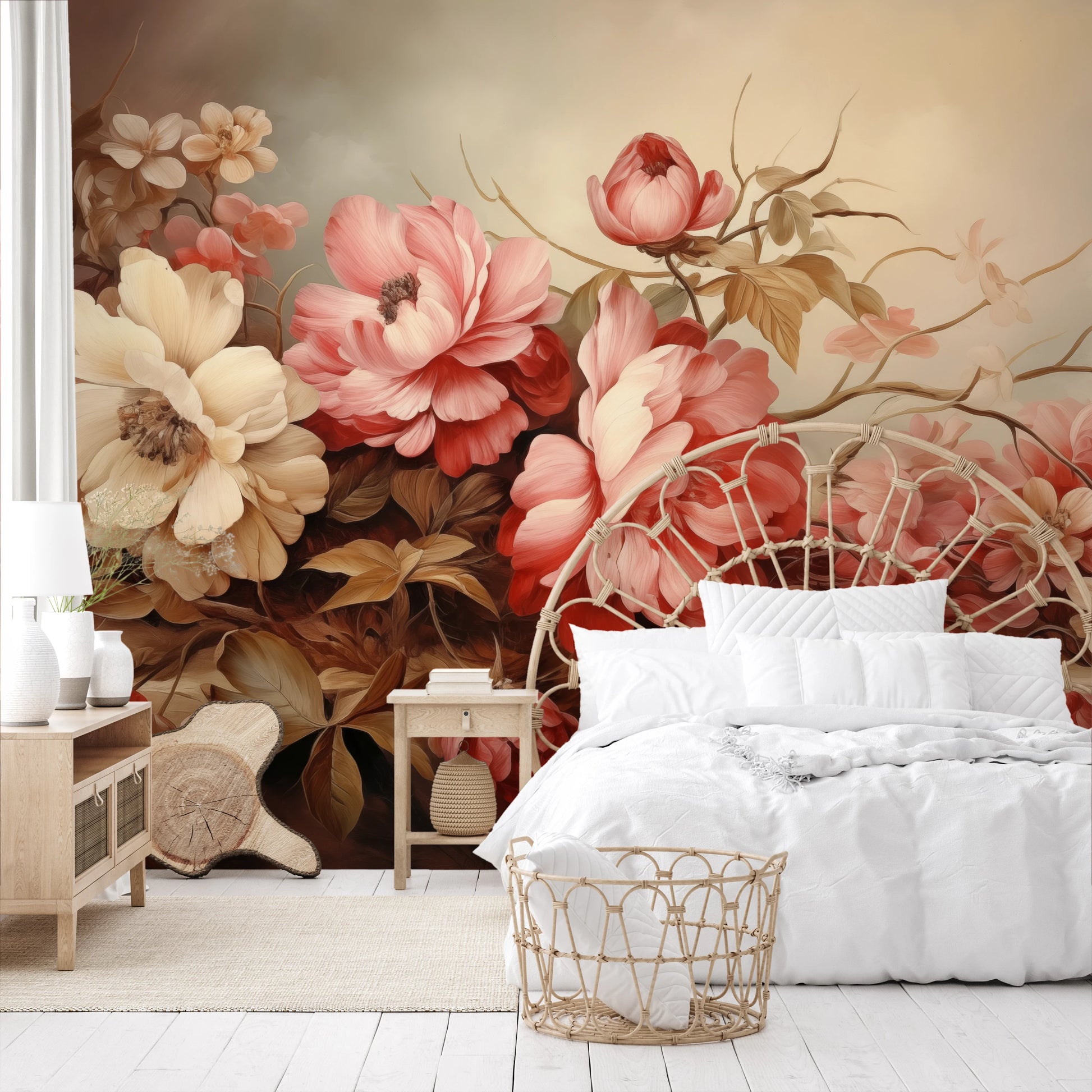 Wzór fototapety malowanej o nazwie Warm Floral Embrace pokazanej w aranżacji wnętrza.