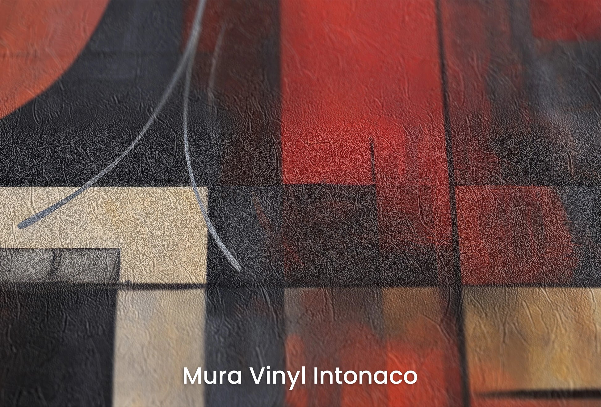 Zbliżenie na artystyczną fototapetę o nazwie Red Circle Harmony na podłożu Mura Vinyl Intonaco - struktura tartego tynku.