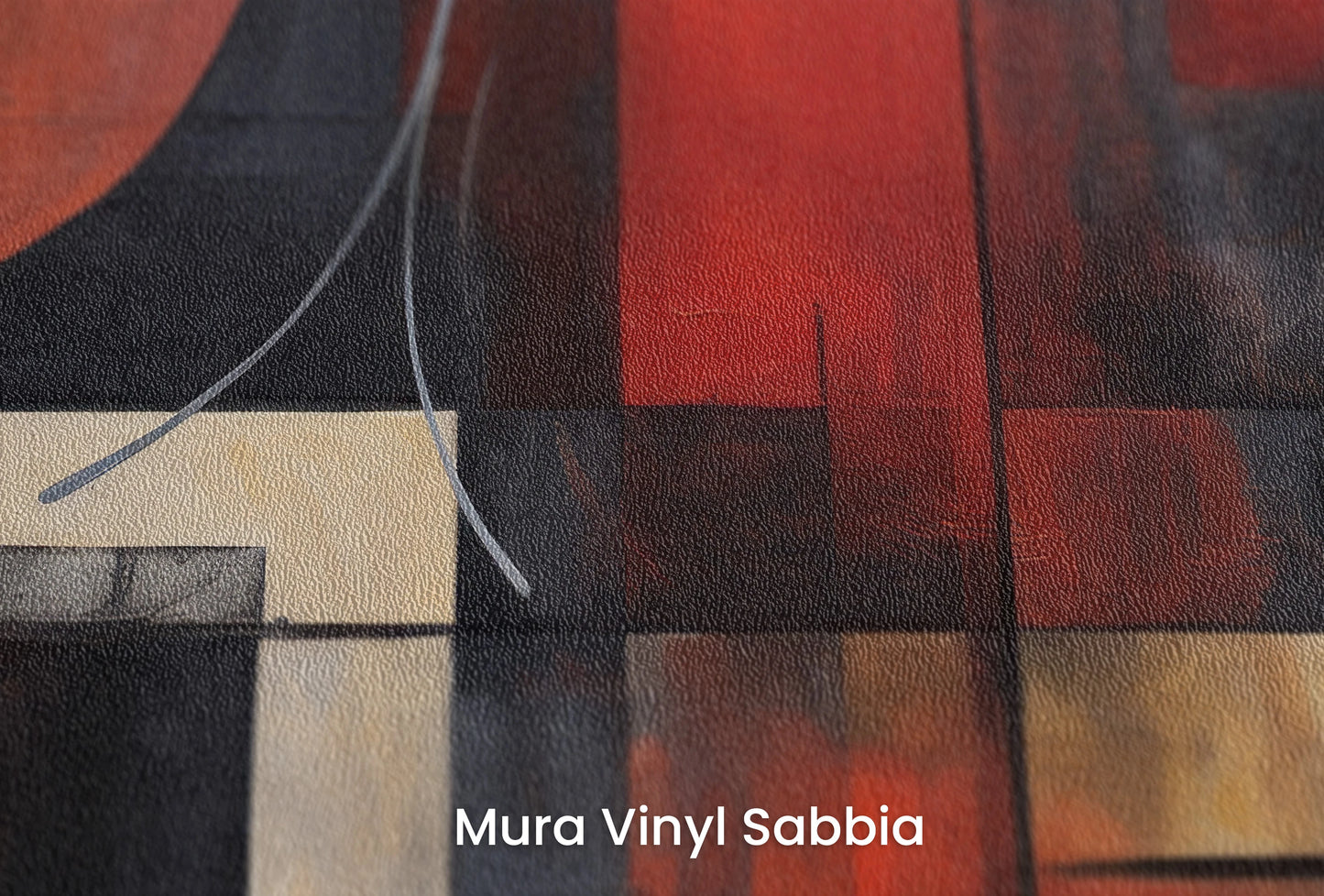 Zbliżenie na artystyczną fototapetę o nazwie Red Circle Harmony na podłożu Mura Vinyl Sabbia struktura grubego ziarna piasku.