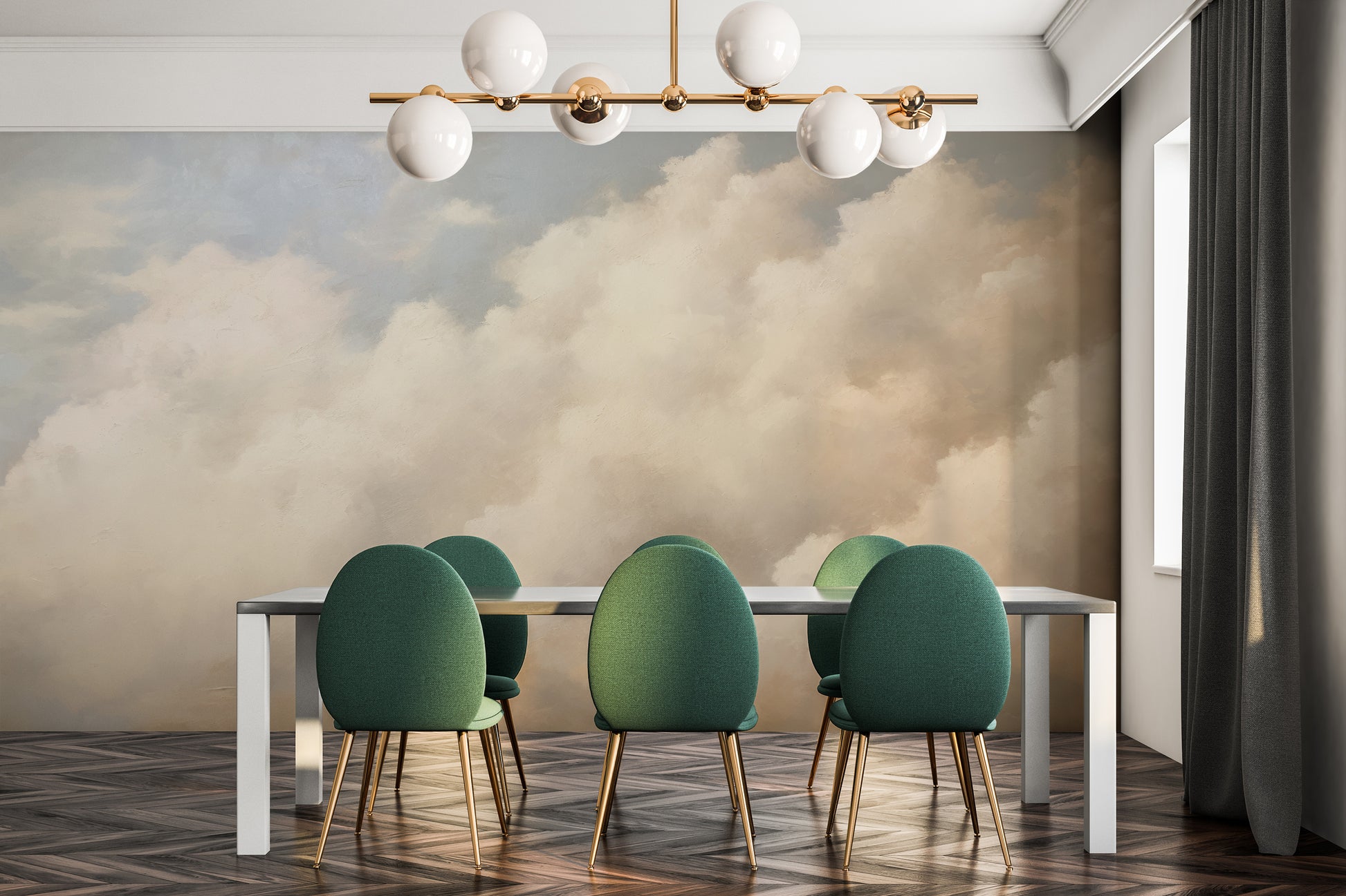 Fototapeta artystyczna o nazwie HEAVENLY CLOUDS DIVINE GLOW pokazana w aranżacji wnętrza.
