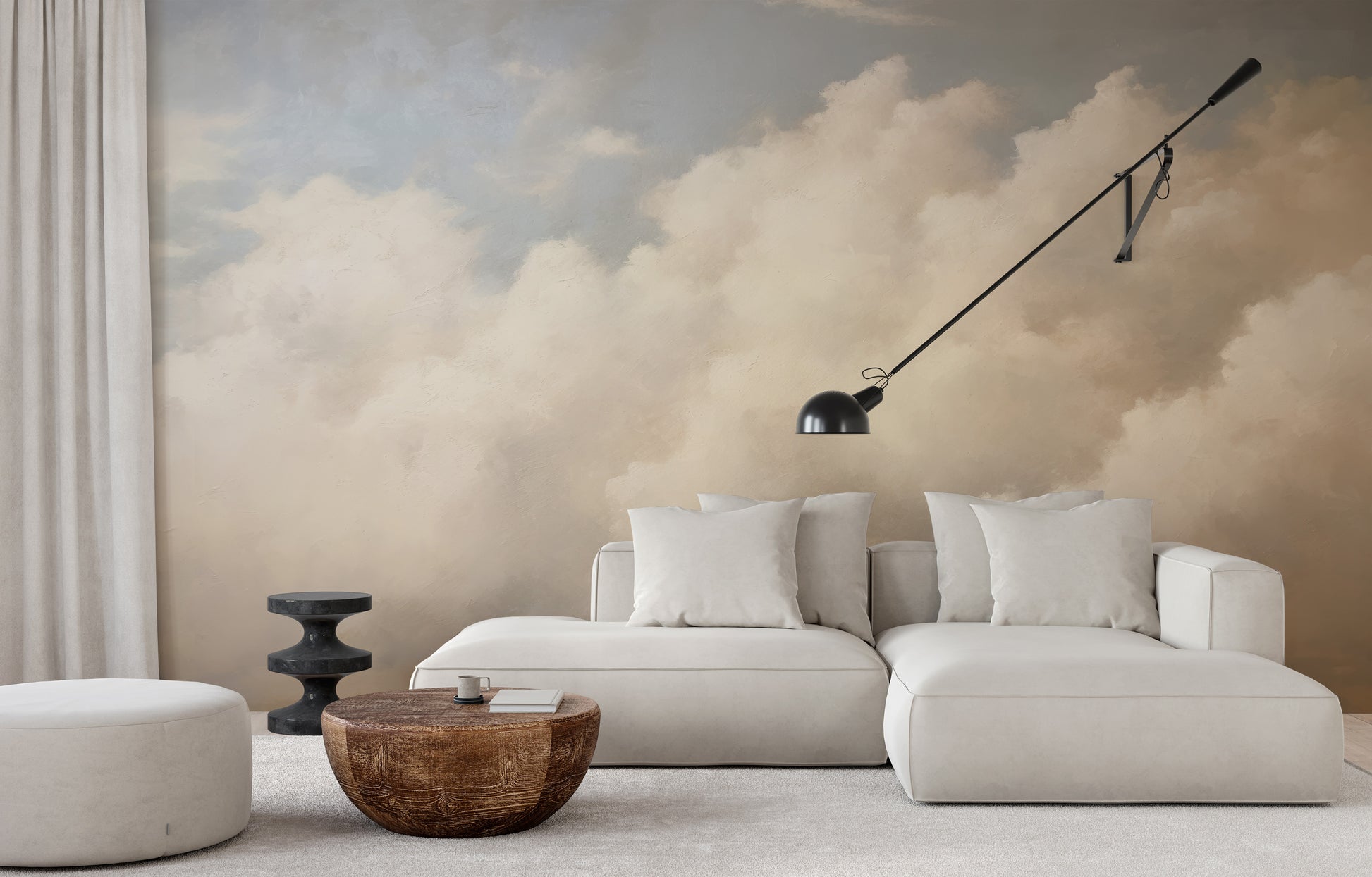 Wzór fototapety artystycznej o nazwie HEAVENLY CLOUDS DIVINE GLOW pokazanej w aranżacji wnętrza.