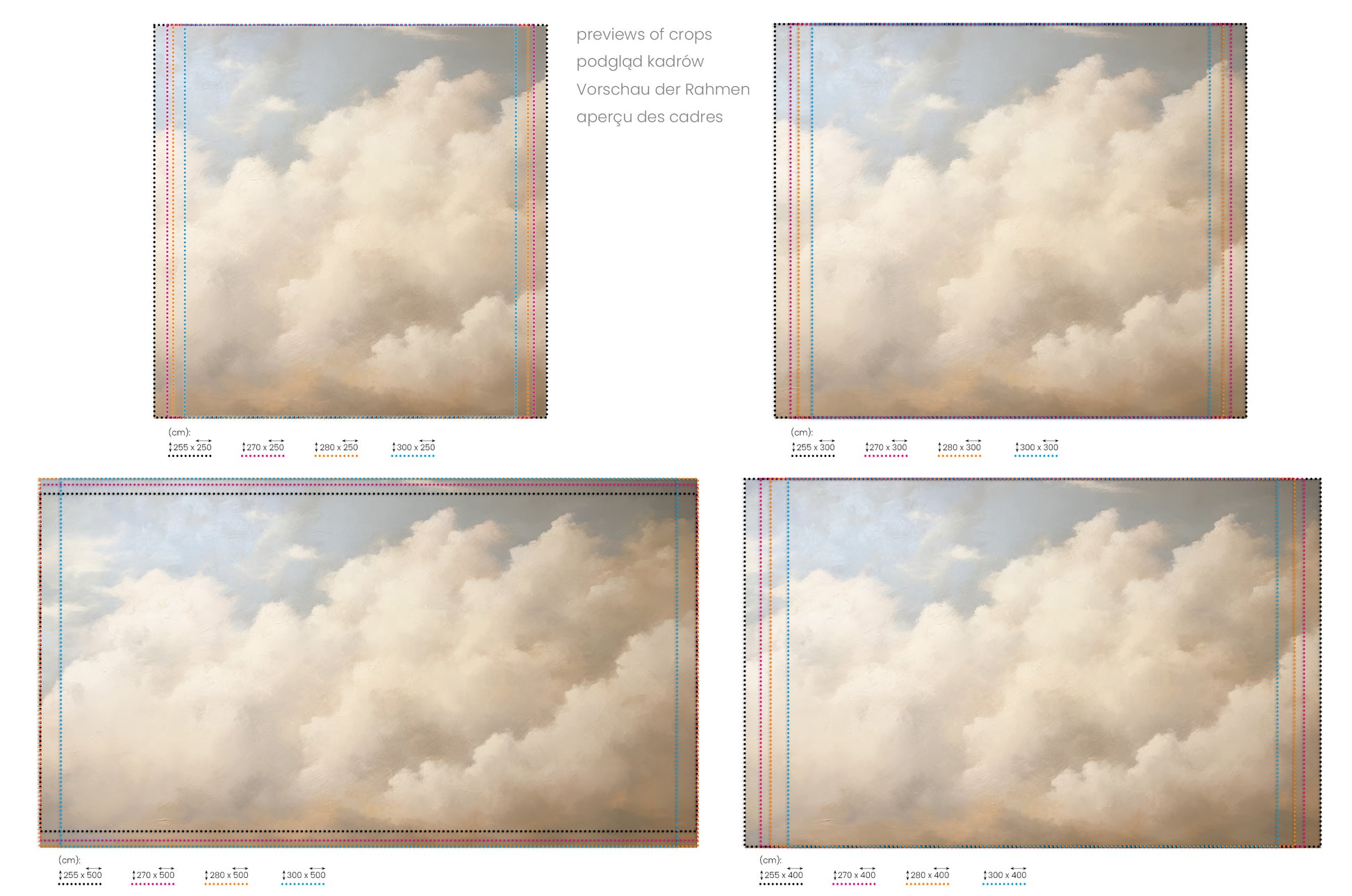 Na obrazie znajduje się prezentacja przykładowych rozmiarów fototapety o nazwie HEAVENLY CLOUDS DIVINE GLOW. Rozmiar fototapety jest dowolny.
