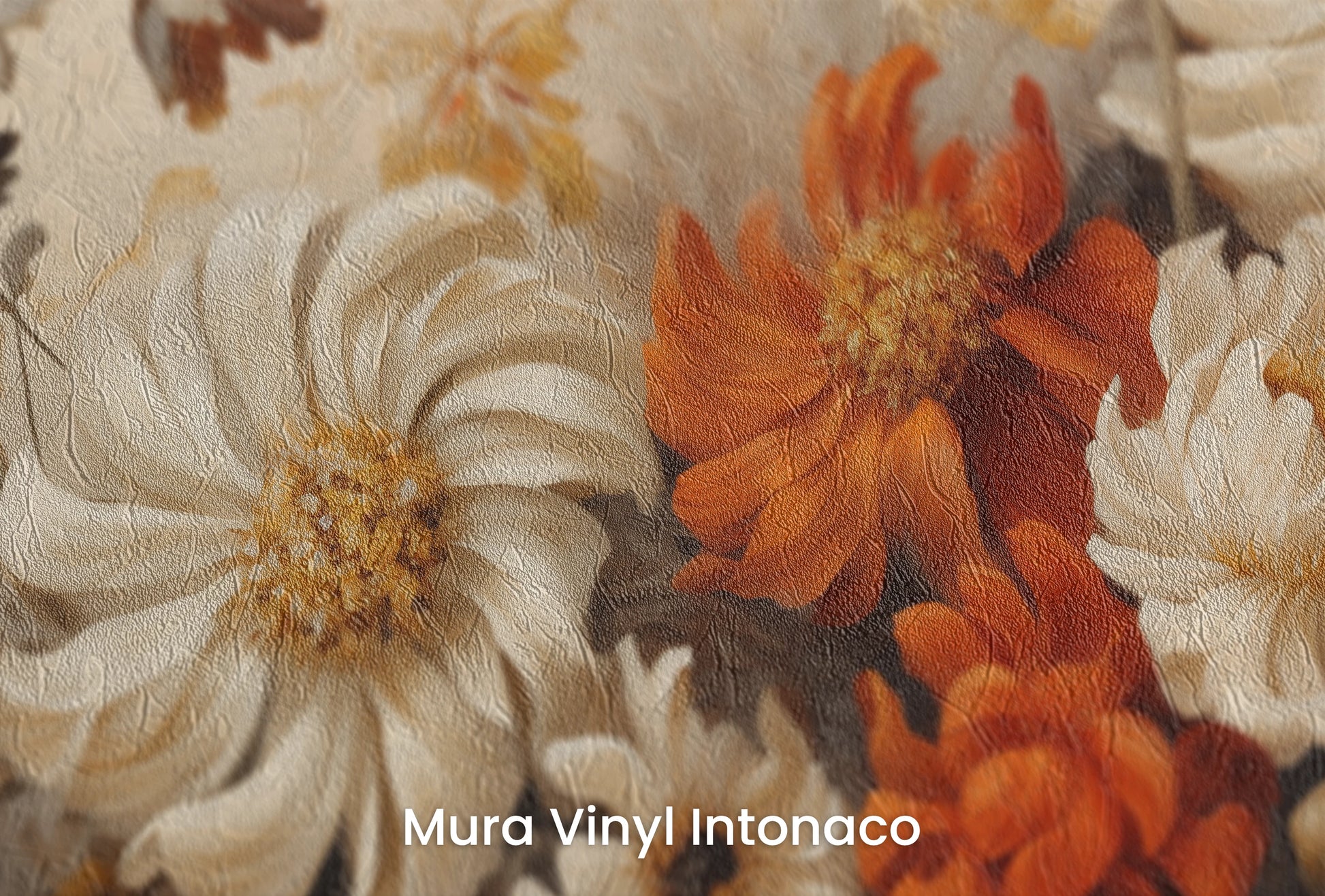 Zbliżenie na artystyczną fototapetę o nazwie Autumn Elegance na podłożu Mura Vinyl Intonaco - struktura tartego tynku.