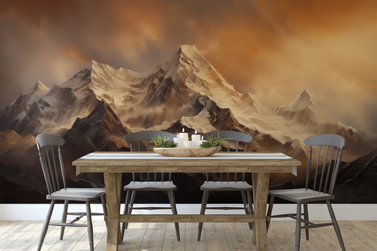 Wzór fototapety artystycznej o nazwie Fiery Peaks pokazanej w aranżacji wnętrza.