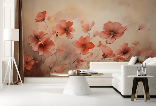 Wzór fototapety artystycznej o nazwie Misty Poppies pokazanej w aranżacji wnętrza.
