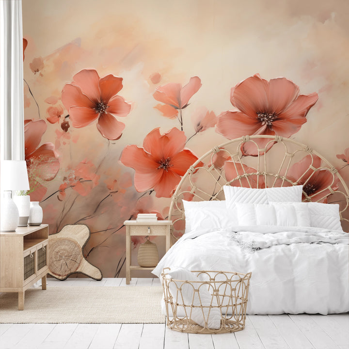 Wzór fototapety malowanej o nazwie Misty Poppies pokazanej w aranżacji wnętrza.