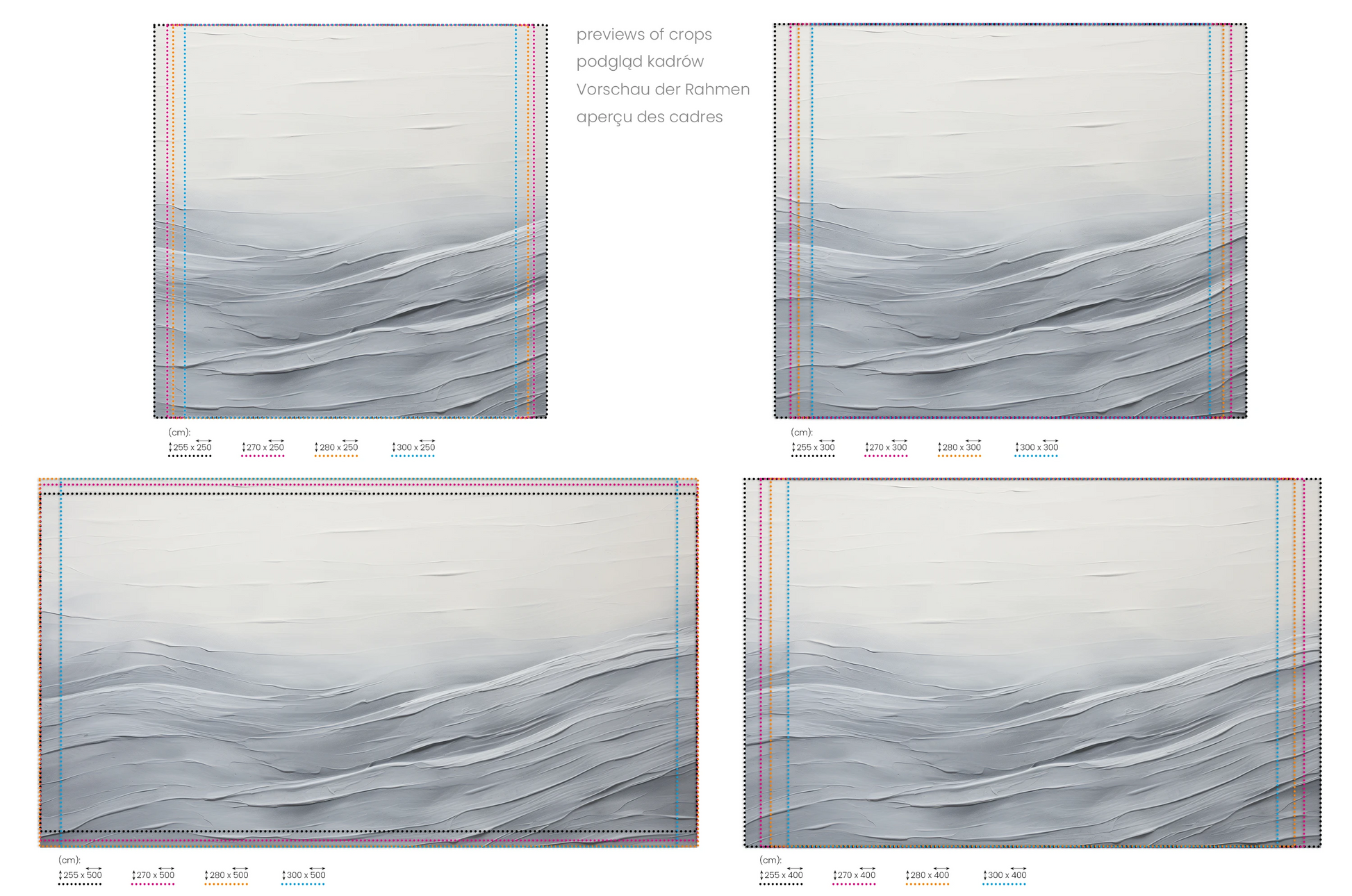 Na obrazie znajduje się prezentacja przykładowych rozmiarów fototapety o nazwie Serenity Waves. Rozmiar fototapety jest dowolny.