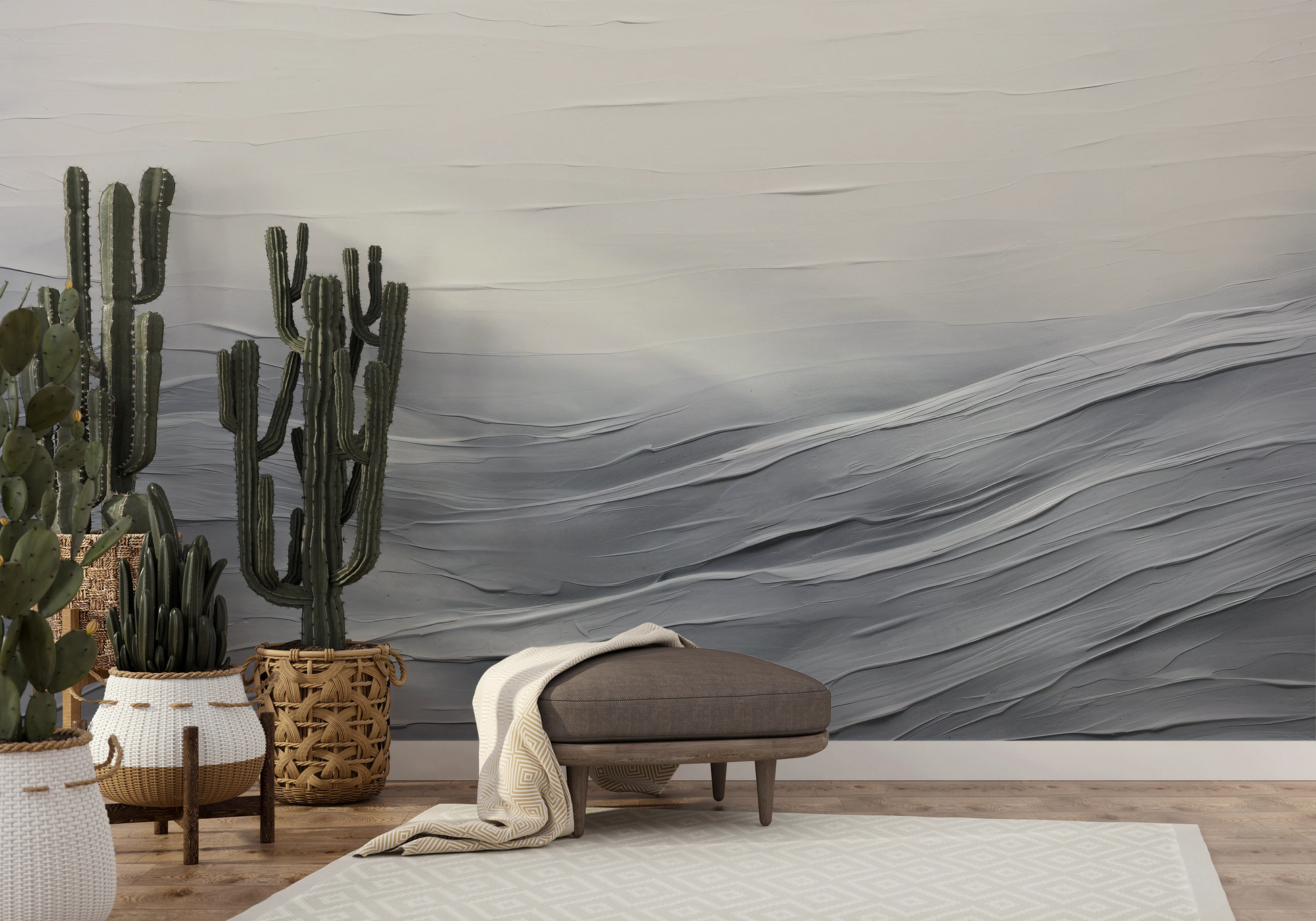 Wzór fototapety malowanej o nazwie Serenity Waves pokazanej w aranżacji wnętrza.