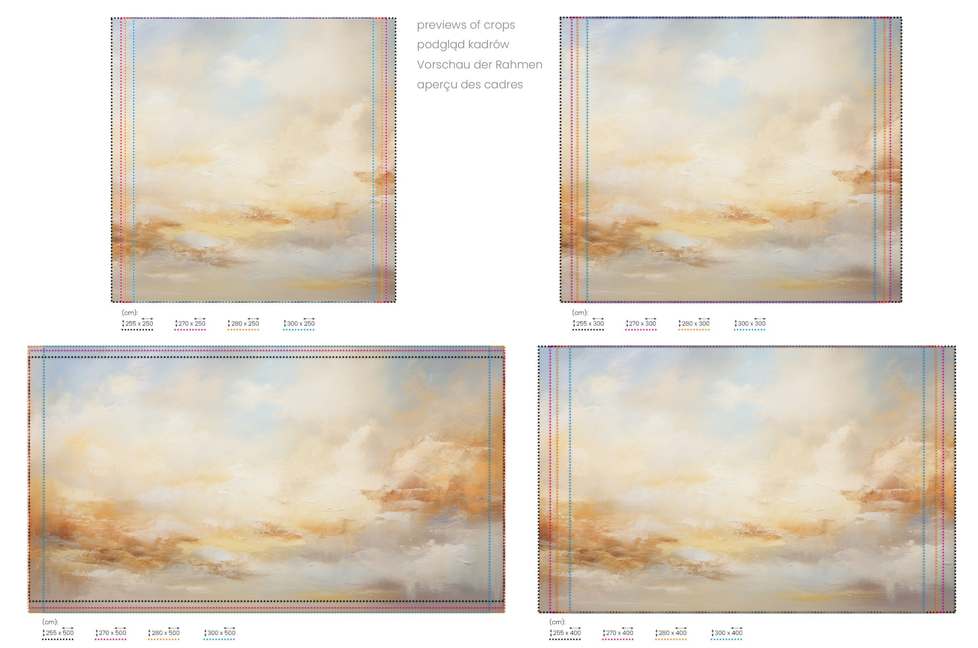 Na obrazie znajduje się prezentacja przykładowych rozmiarów fototapety o nazwie SUNLIT CLOUDSCAPE GLORY. Rozmiar fototapety jest dowolny.