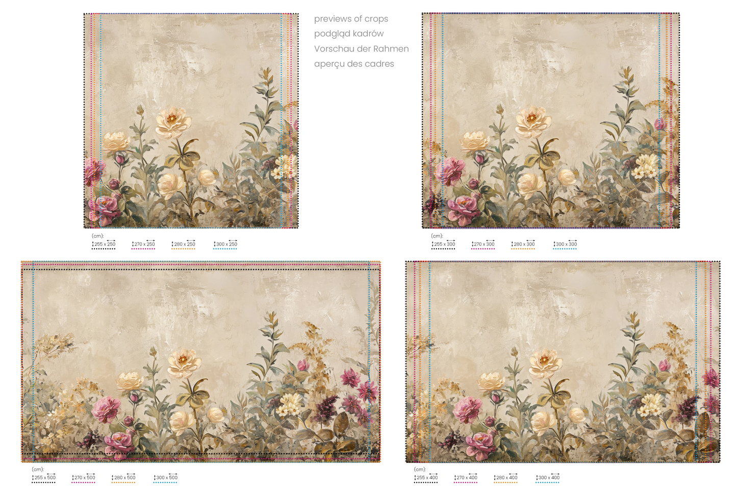 Na obrazie znajduje się prezentacja przykładowych rozmiarów fototapety o nazwie Vintage Floral Tapestry. Rozmiar fototapety jest dowolny.