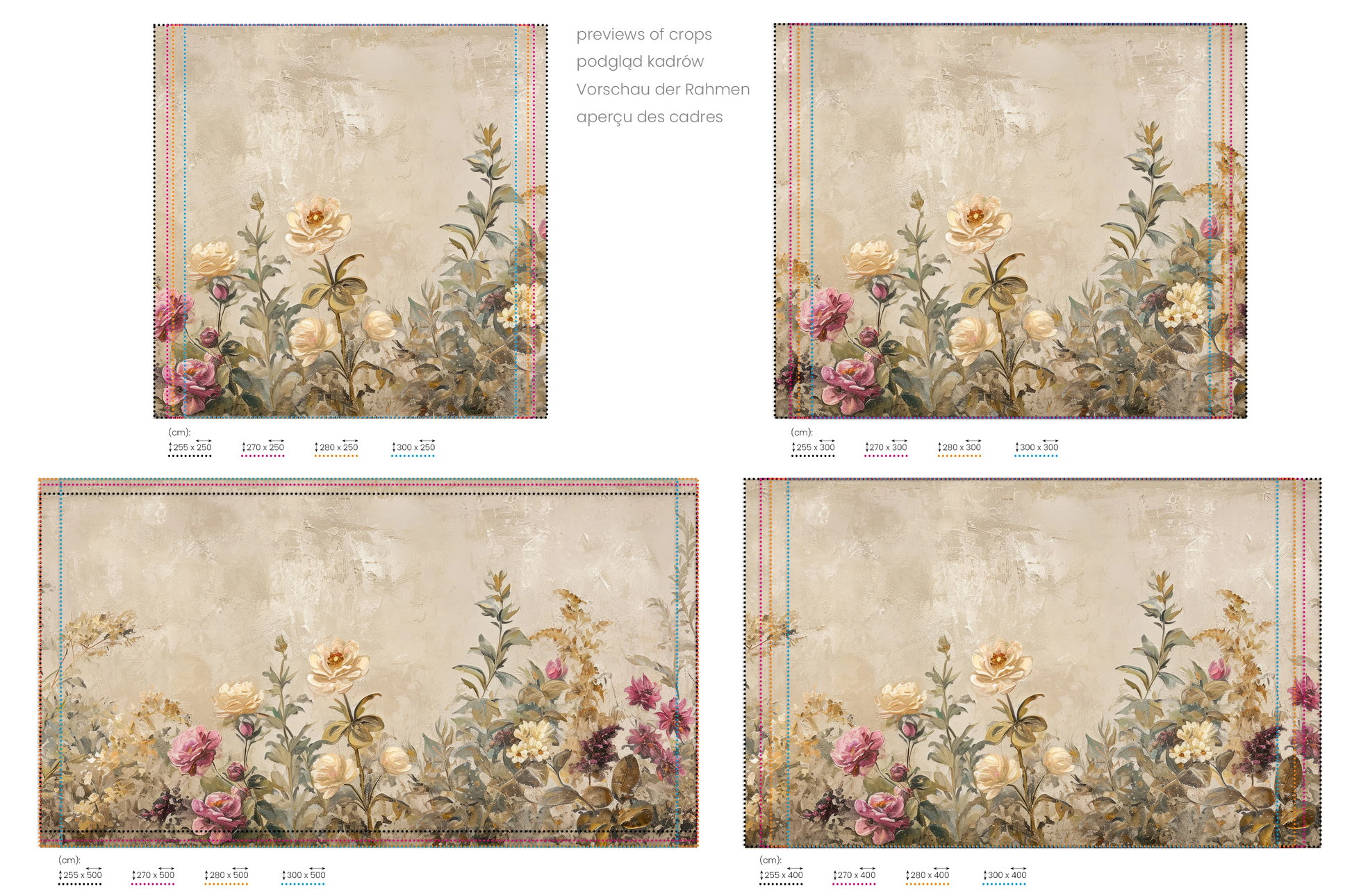 Na obrazie znajduje się prezentacja przykładowych rozmiarów fototapety o nazwie Vintage Floral Tapestry. Rozmiar fototapety jest dowolny.