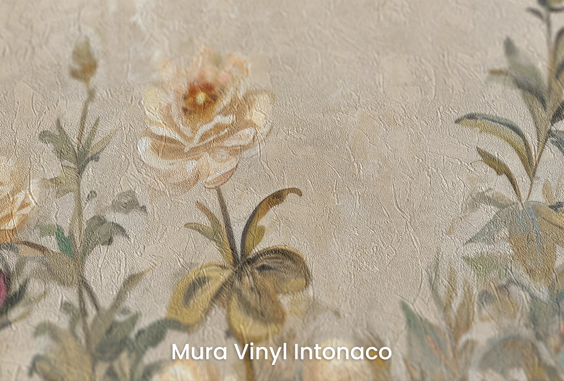 Zbliżenie na artystyczną fototapetę o nazwie Vintage Floral Tapestry na podłożu Mura Vinyl Intonaco - struktura tartego tynku.