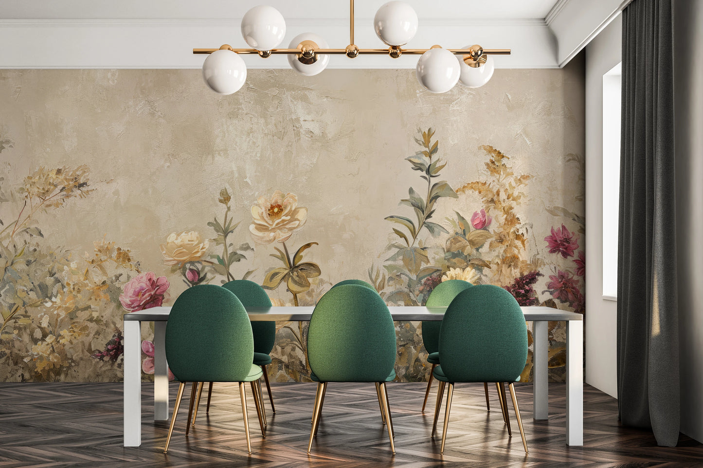 Wzór fototapety artystycznej o nazwie Vintage Floral Tapestry pokazanej w aranżacji wnętrza.