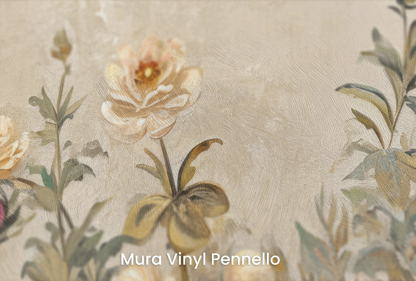 Zbliżenie na artystyczną fototapetę o nazwie Vintage Floral Tapestry na podłożu Mura Vinyl Pennello - faktura pociągnięć pędzla malarskiego.