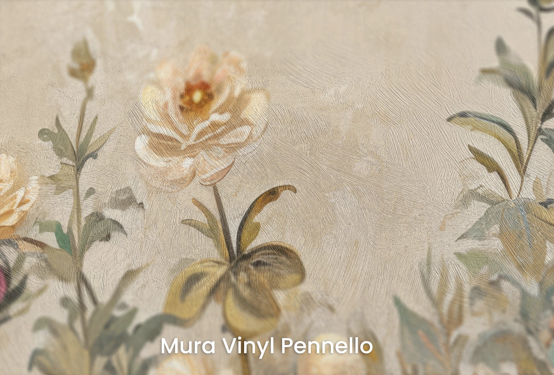Zbliżenie na artystyczną fototapetę o nazwie Vintage Floral Tapestry na podłożu Mura Vinyl Pennello - faktura pociągnięć pędzla malarskiego.