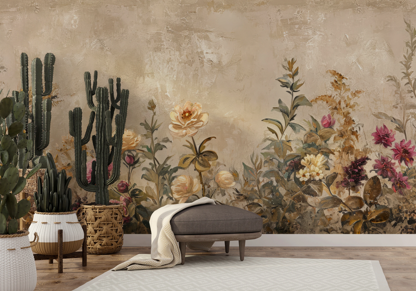 Zdjęcie prezentuje aranżację wnętrza z użyciem fototapety o nazwie Vintage Floral Tapestry pokazanej w aranżacji wnętrza.