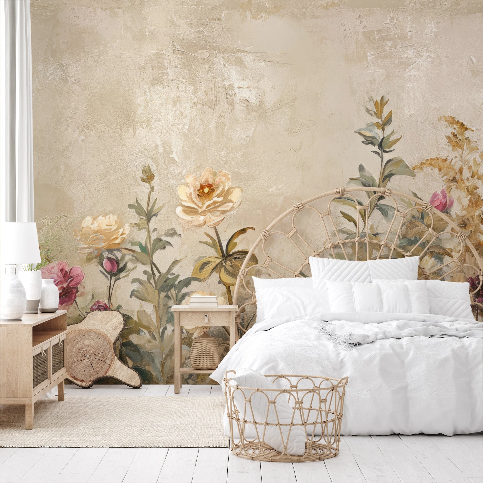 Wzór fototapety malowanej o nazwie Vintage Floral Tapestry pokazanej w aranżacji wnętrza.
