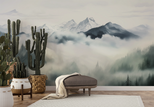 Wzór fototapety artystycznej o nazwie Ethereal Mountain Whisper pokazanej w aranżacji wnętrza.