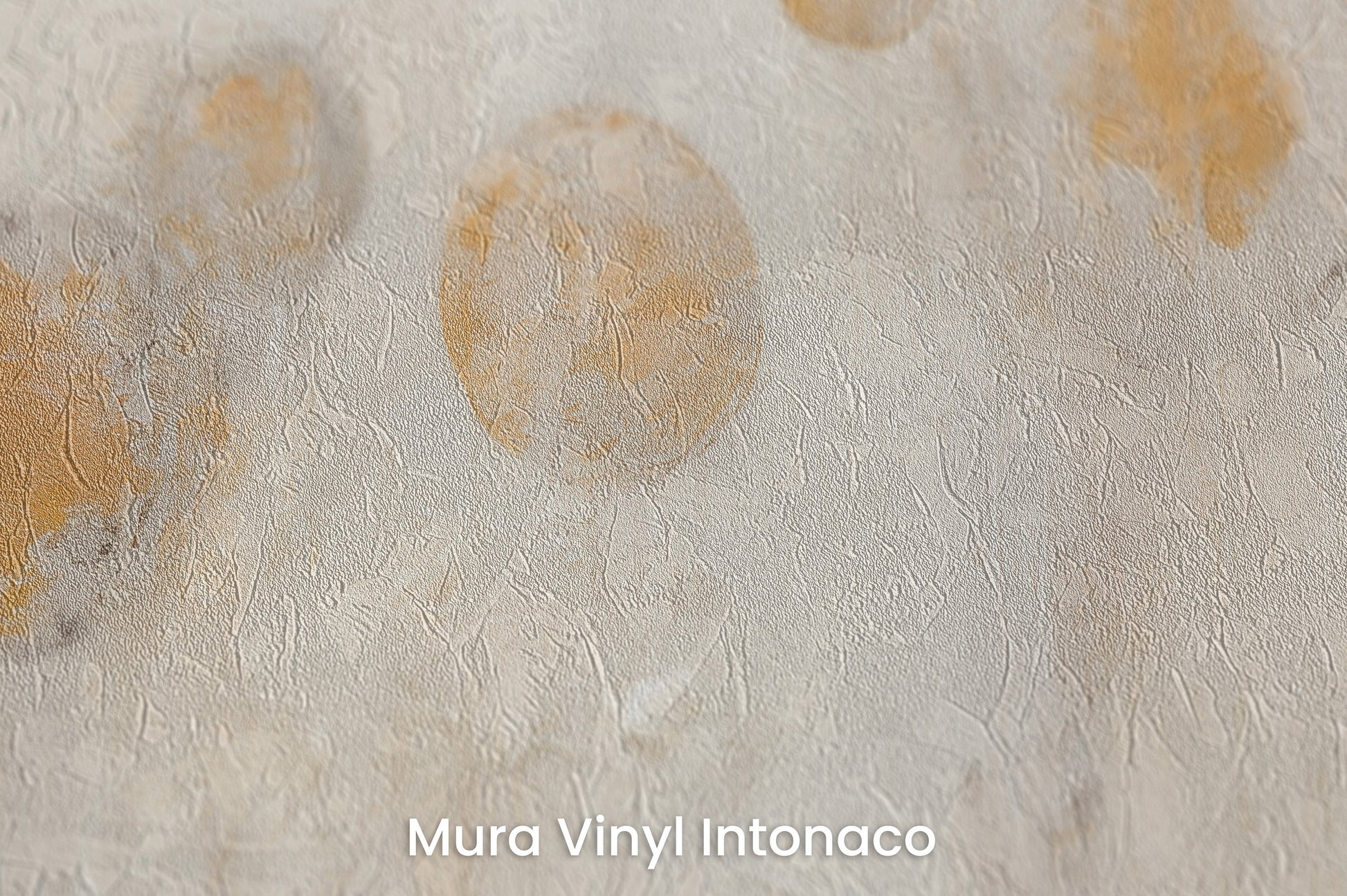Zbliżenie na artystyczną fototapetę o nazwie ETHEREAL EARTHEN ORBS na podłożu Mura Vinyl Intonaco - struktura tartego tynku.