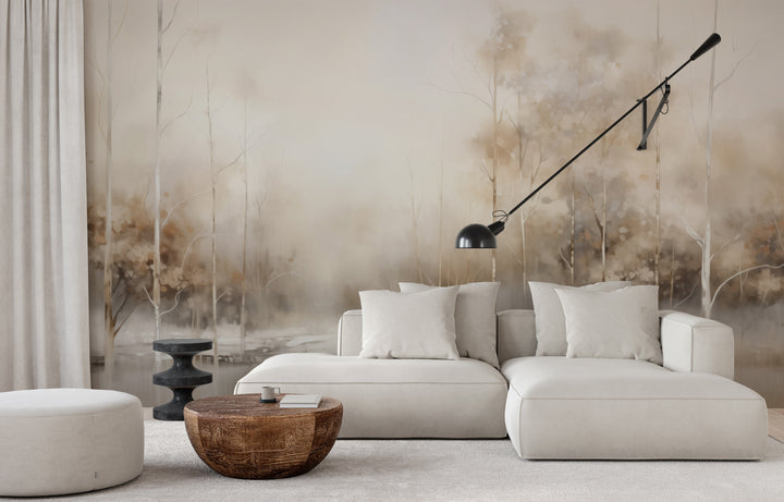 Wzór fototapety artystycznej o nazwie SERENE WATERS EDGE MURAL pokazanej w aranżacji wnętrza.