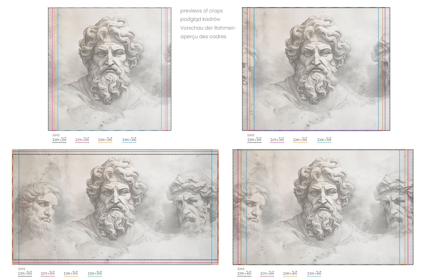 Na obrazie znajduje się prezentacja przykładowych rozmiarów fototapety o nazwie Epicurus's Legacy. Rozmiar fototapety jest dowolny.