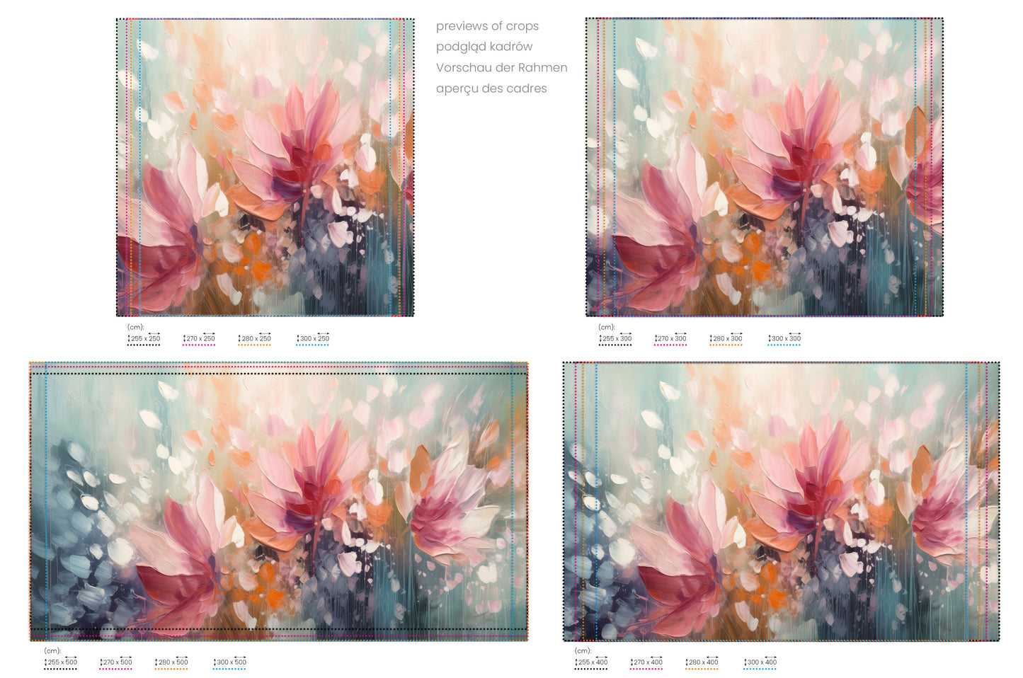Na obrazie znajduje się prezentacja przykładowych rozmiarów fototapety o nazwie Dreamy Floral Abstraction. Rozmiar fototapety jest dowolny.