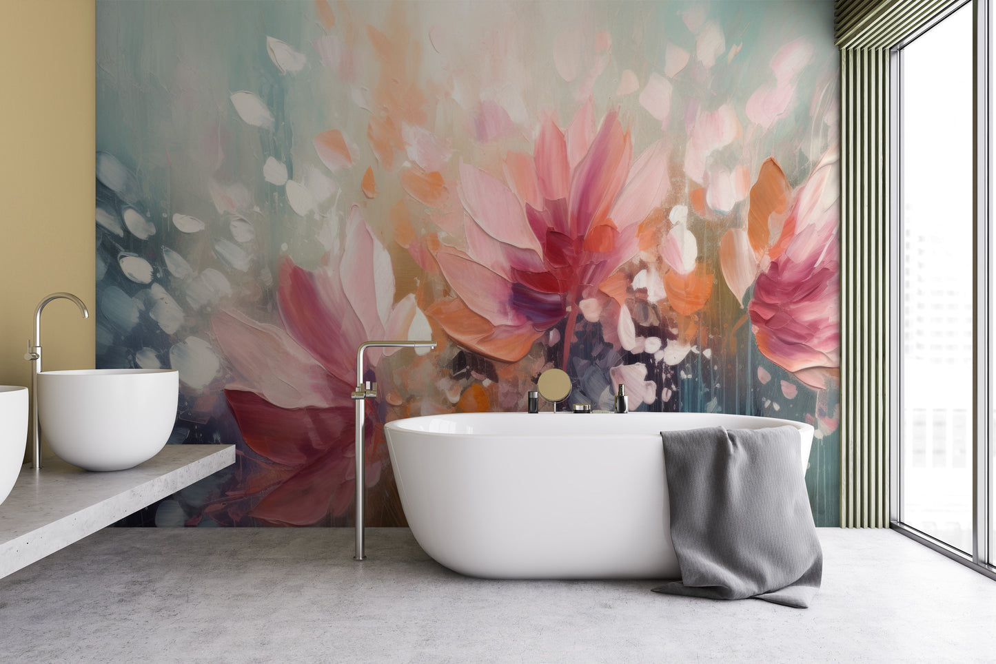 Wzór fototapety artystycznej o nazwie Dreamy Floral Abstraction pokazanej w aranżacji wnętrza.