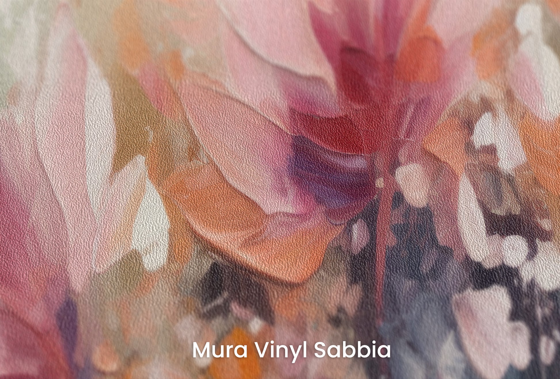 Zbliżenie na artystyczną fototapetę o nazwie Dreamy Floral Abstraction na podłożu Mura Vinyl Sabbia struktura grubego ziarna piasku.