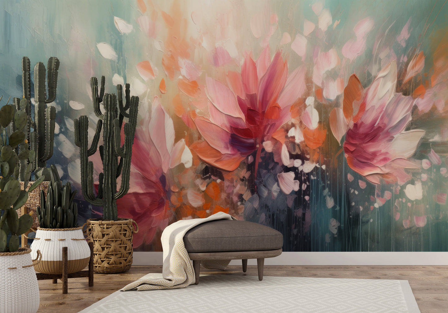 Wzór fototapety malowanej o nazwie Dreamy Floral Abstraction pokazanej w aranżacji wnętrza.