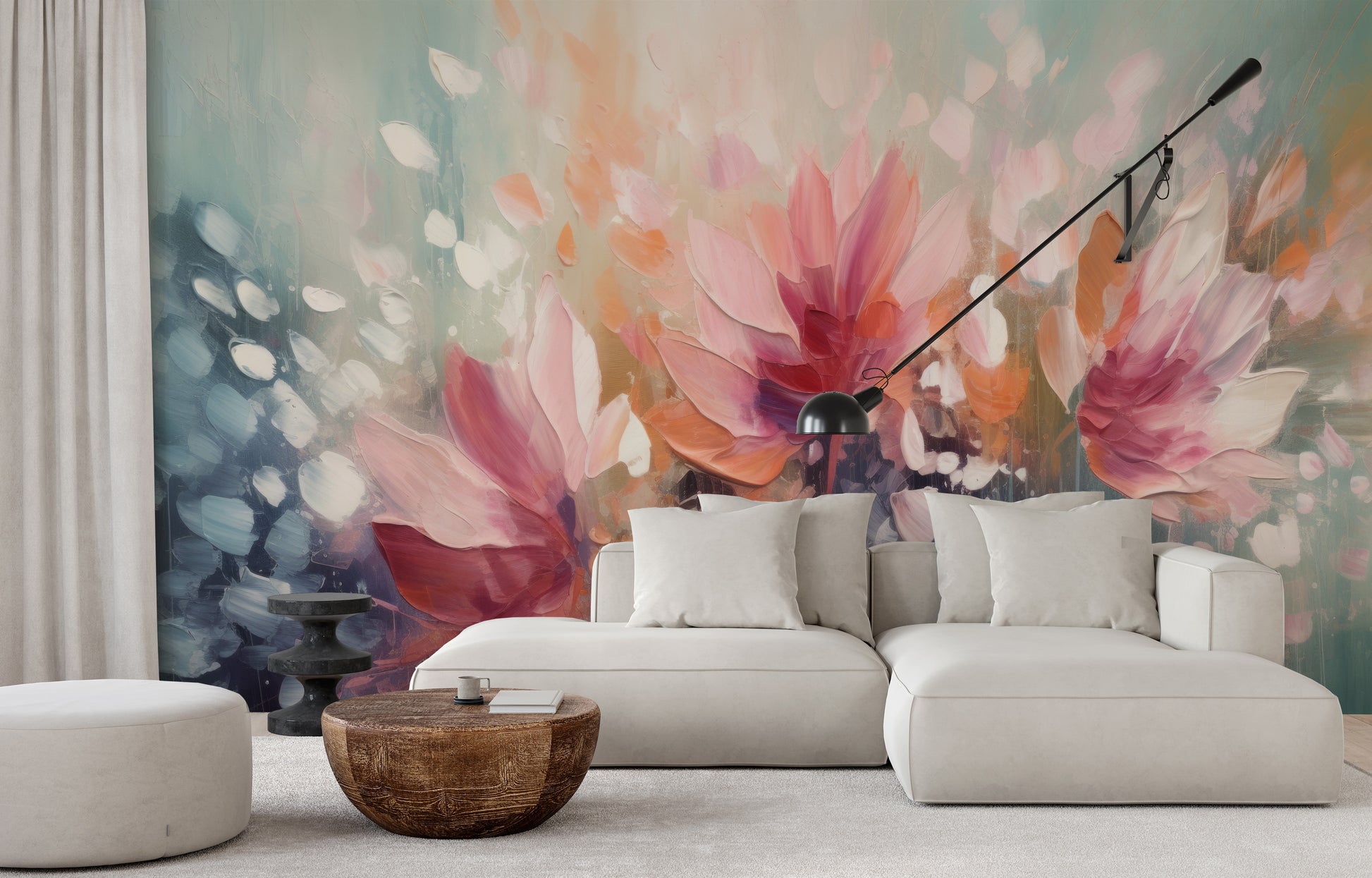 Wzór fototapety o nazwie Dreamy Floral Abstraction pokazanej w kontekście pomieszczenia.