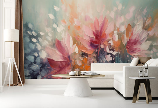 Wzór fototapety artystycznej o nazwie Dreamy Floral Abstraction pokazanej w aranżacji wnętrza.