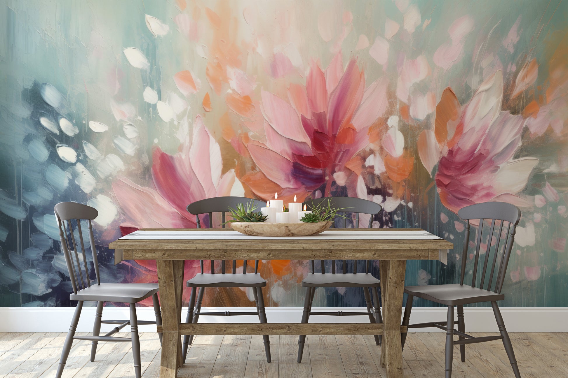 Zdjęcie prezentuje aranżację wnętrza z użyciem fototapety o nazwie Dreamy Floral Abstraction pokazanej w aranżacji wnętrza.