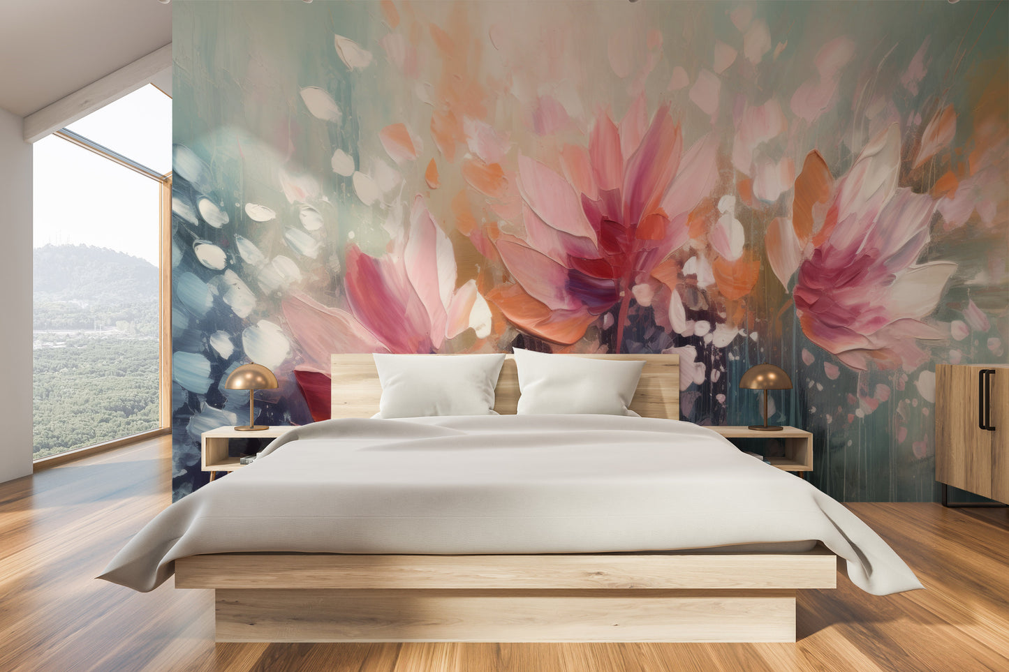 Fototapeta artystyczna o nazwie Dreamy Floral Abstraction pokazana w aranżacji wnętrza.