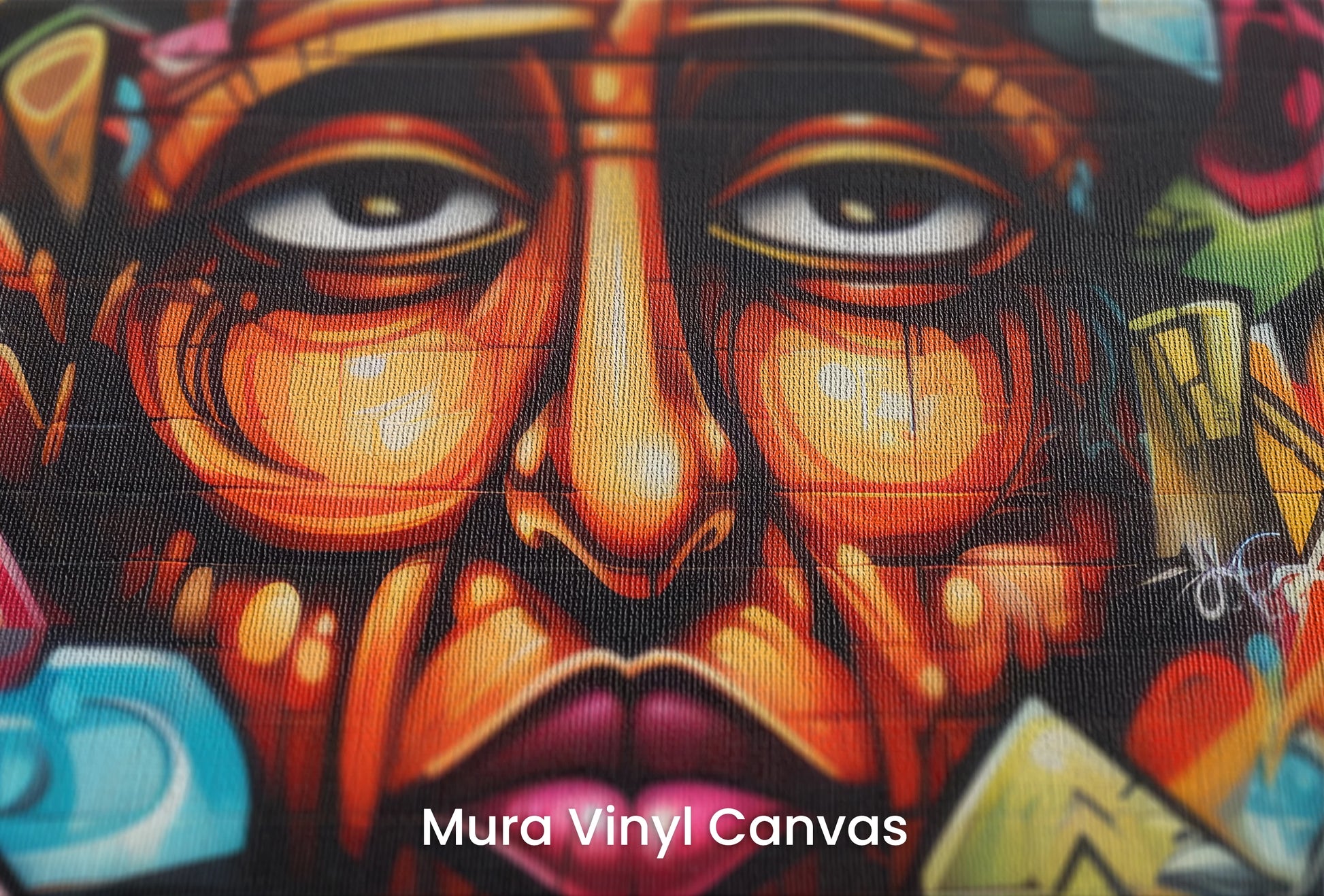 Zbliżenie na artystyczną fototapetę o nazwie Cultural Fusion na podłożu Mura Vinyl Canvas - faktura naturalnego płótna.