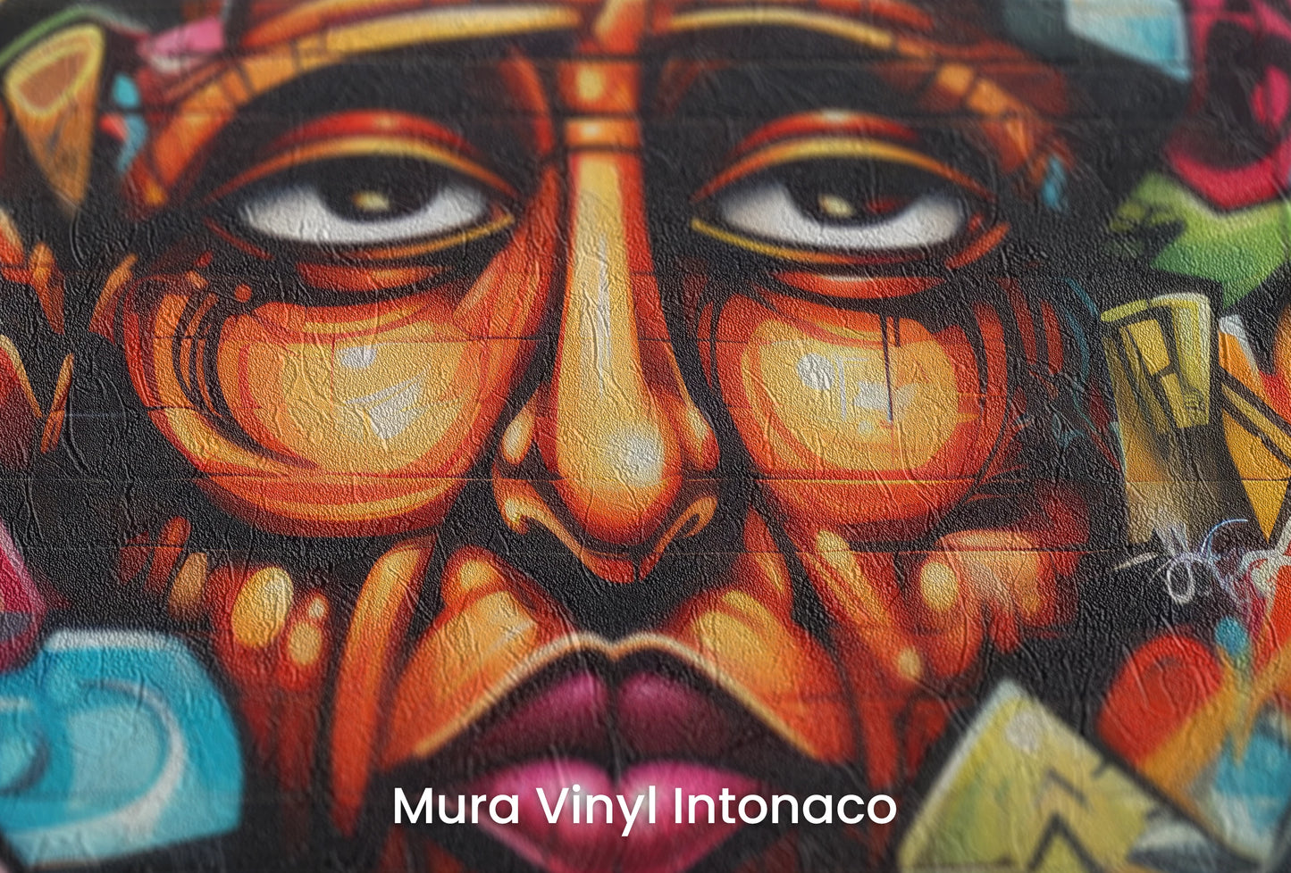 Zbliżenie na artystyczną fototapetę o nazwie Cultural Fusion na podłożu Mura Vinyl Intonaco - struktura tartego tynku.