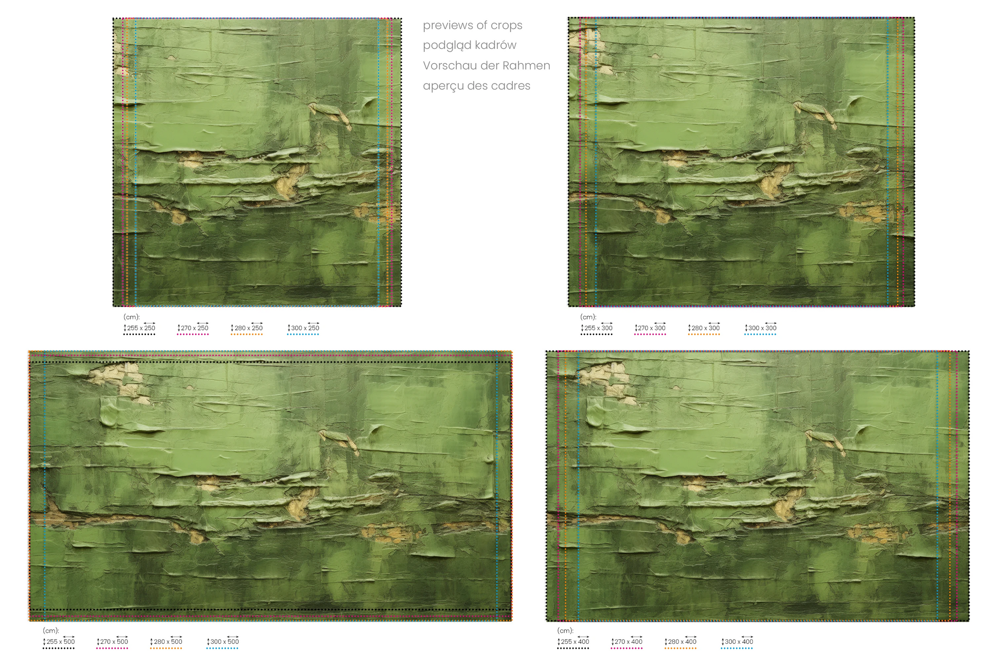 Na obrazie znajduje się prezentacja przykładowych rozmiarów fototapety o nazwie Verdant Crumble. Rozmiar fototapety jest dowolny.