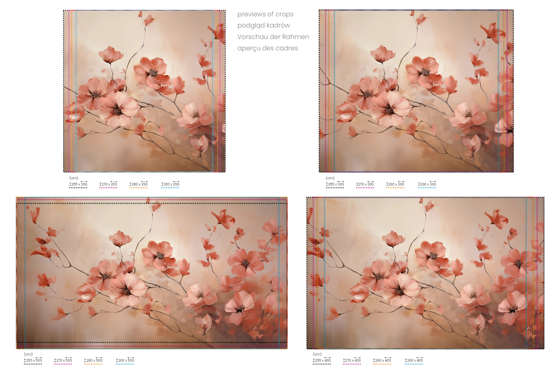 Na obrazie znajduje się prezentacja przykładowych rozmiarów fototapety o nazwie Subtle Coral Charms. Rozmiar fototapety jest dowolny.