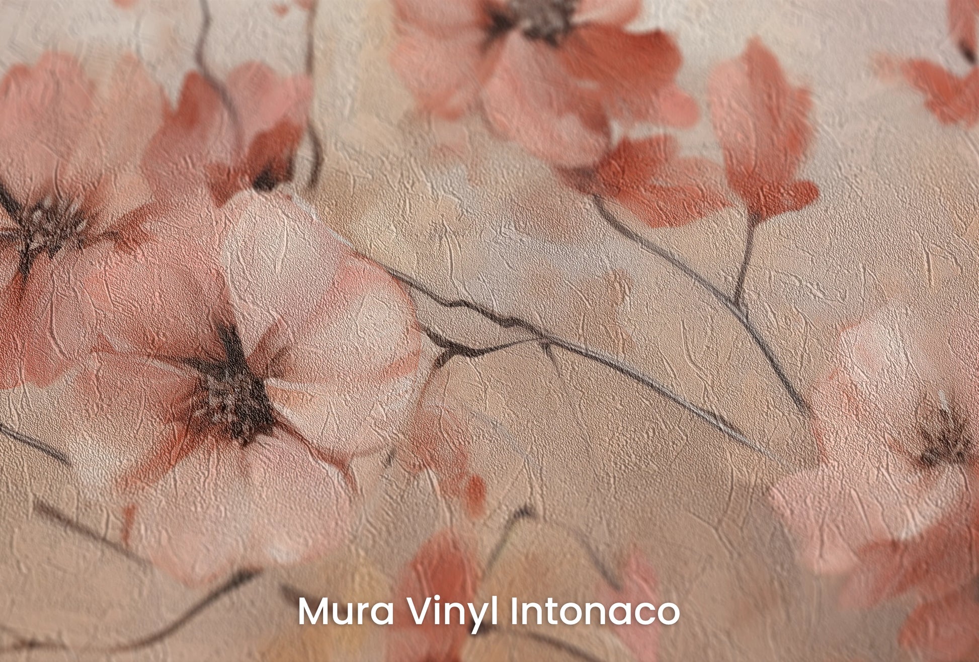 Zbliżenie na artystyczną fototapetę o nazwie Subtle Coral Charms na podłożu Mura Vinyl Intonaco - struktura tartego tynku.