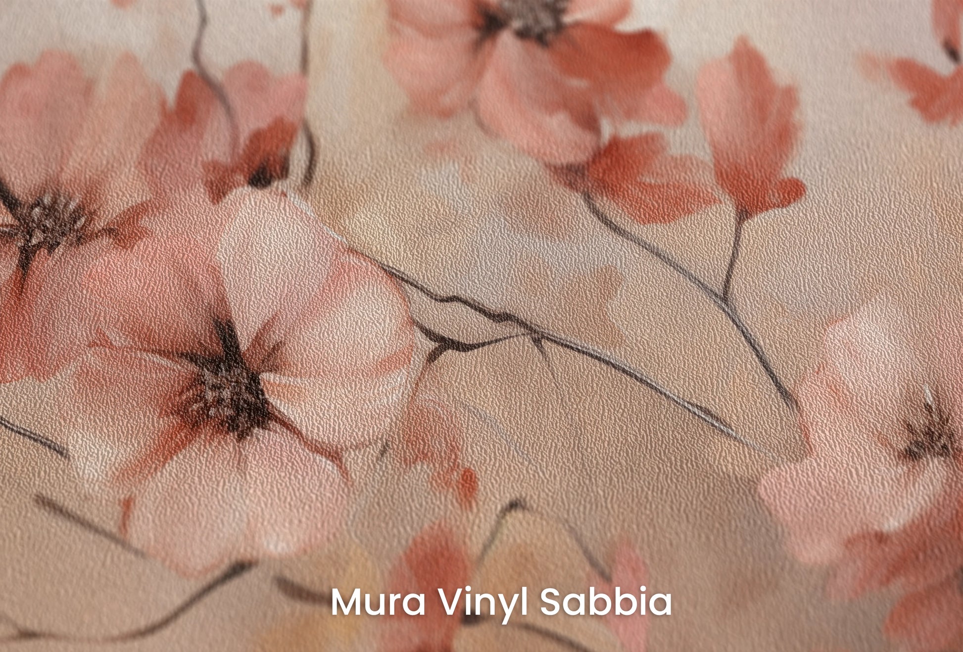 Zbliżenie na artystyczną fototapetę o nazwie Subtle Coral Charms na podłożu Mura Vinyl Sabbia struktura grubego ziarna piasku.