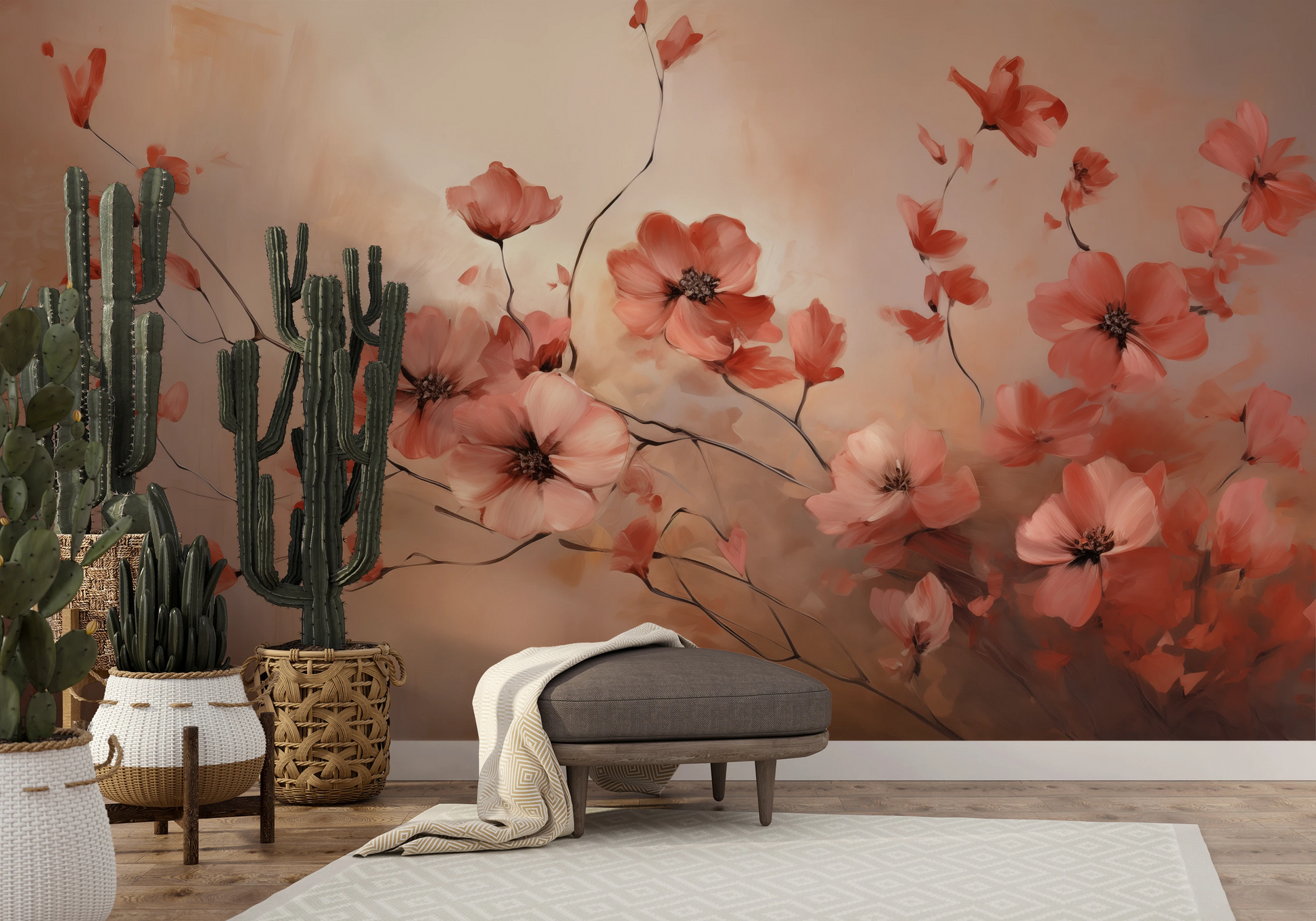 Wzór fototapety artystycznej o nazwie Subtle Coral Charms pokazanej w aranżacji wnętrza.