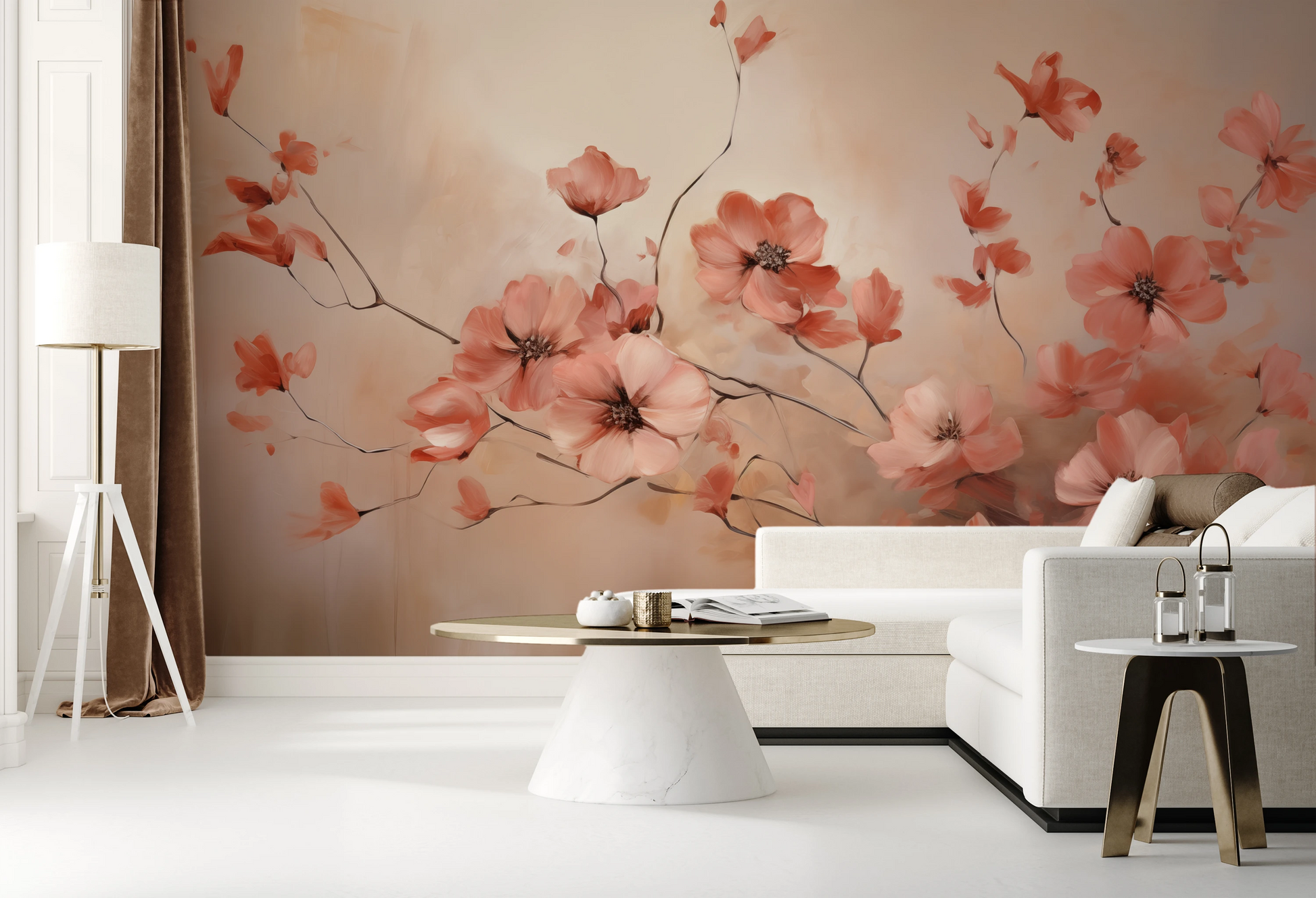 Wzór fototapety o nazwie Subtle Coral Charms pokazanej w kontekście pomieszczenia.