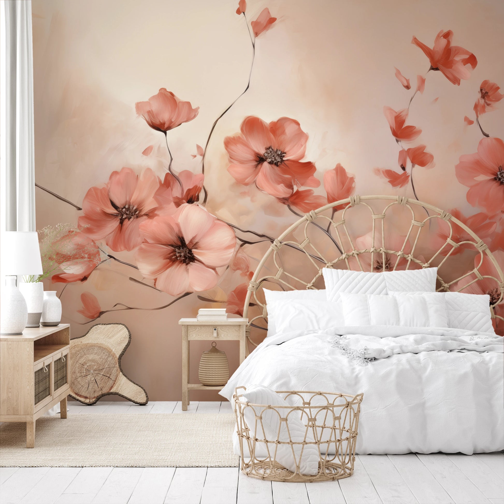 Wzór fototapety malowanej o nazwie Subtle Coral Charms pokazanej w aranżacji wnętrza.