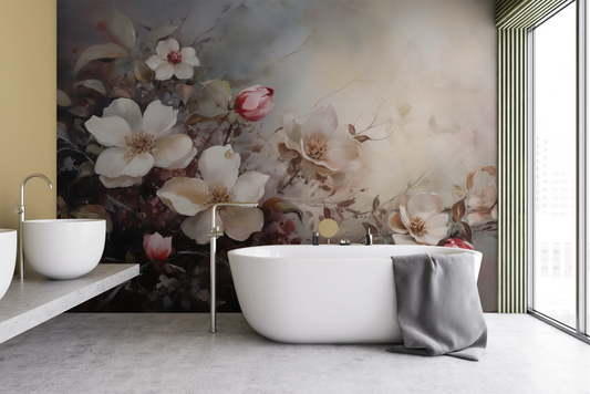 Wzór fototapety artystycznej o nazwie Serene Magnolias pokazanej w aranżacji wnętrza.